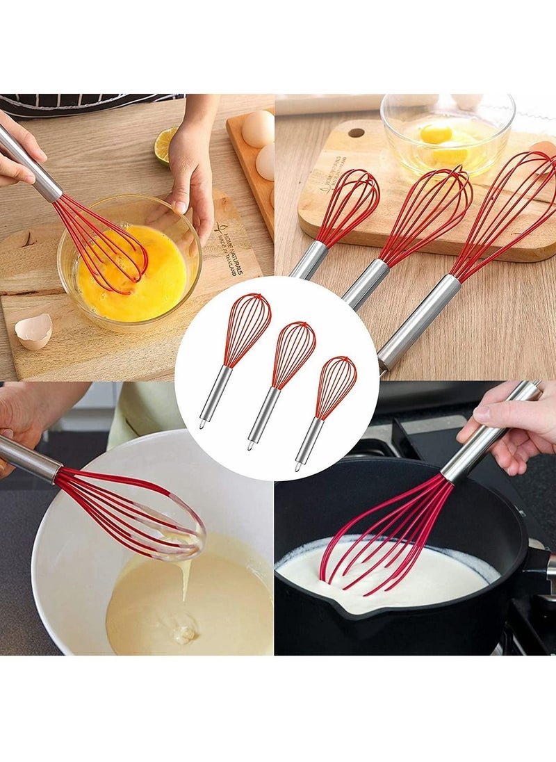 Silicone Whisk Set 8"+10"+12", (Upgraded) Wire Kitchen Whisks for Cooking, Blending, Whisking, Beating, Stirring, Red