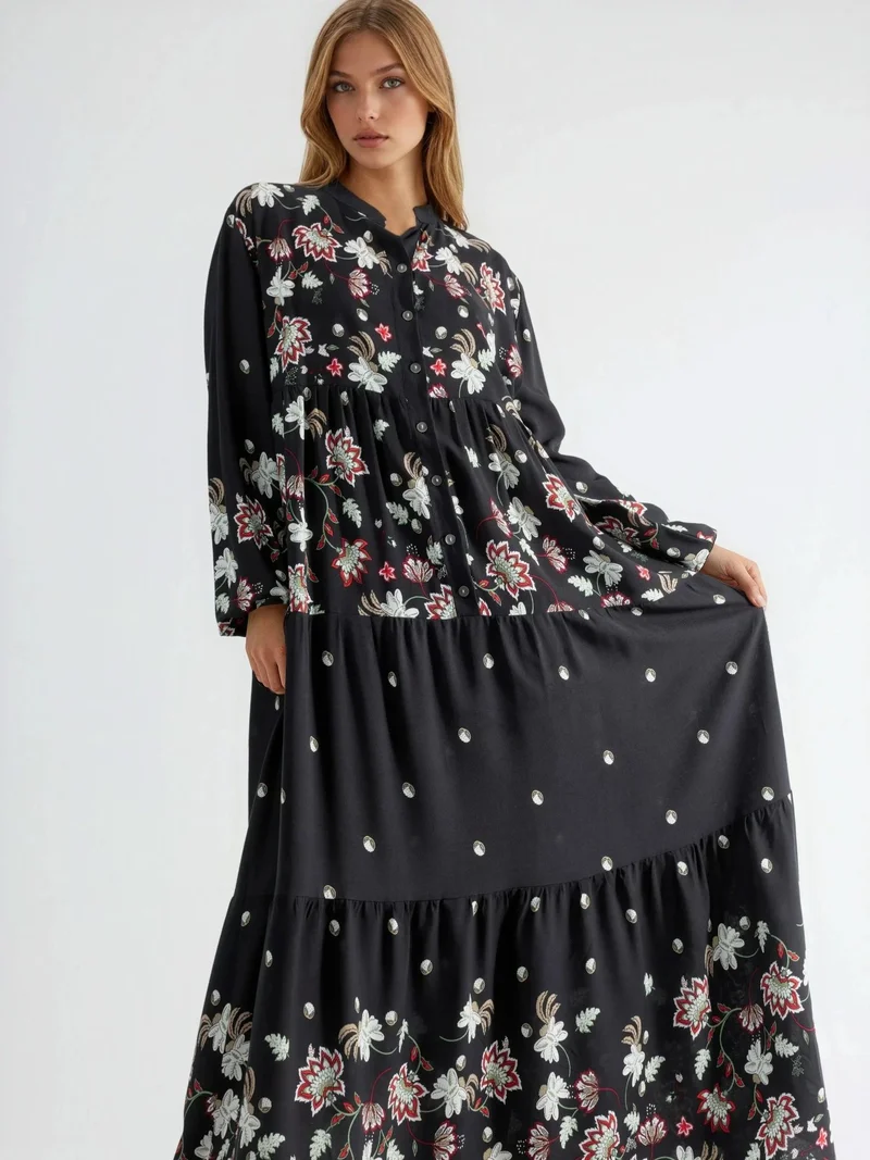 Hiccup Black Patterned V-Neck Maxi Dress for Women | Best Price UAE