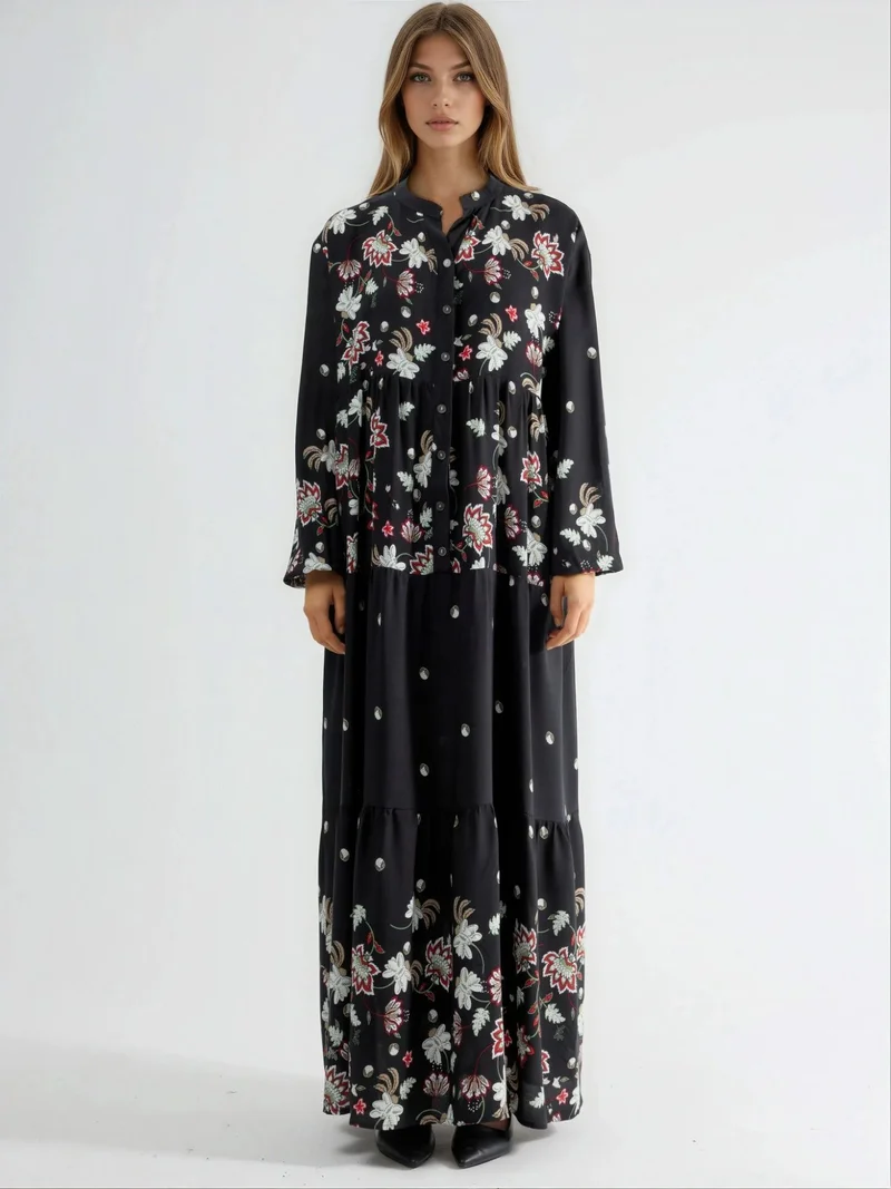 Hiccup Black Patterned V-Neck Maxi Dress for Women | Best Price UAE