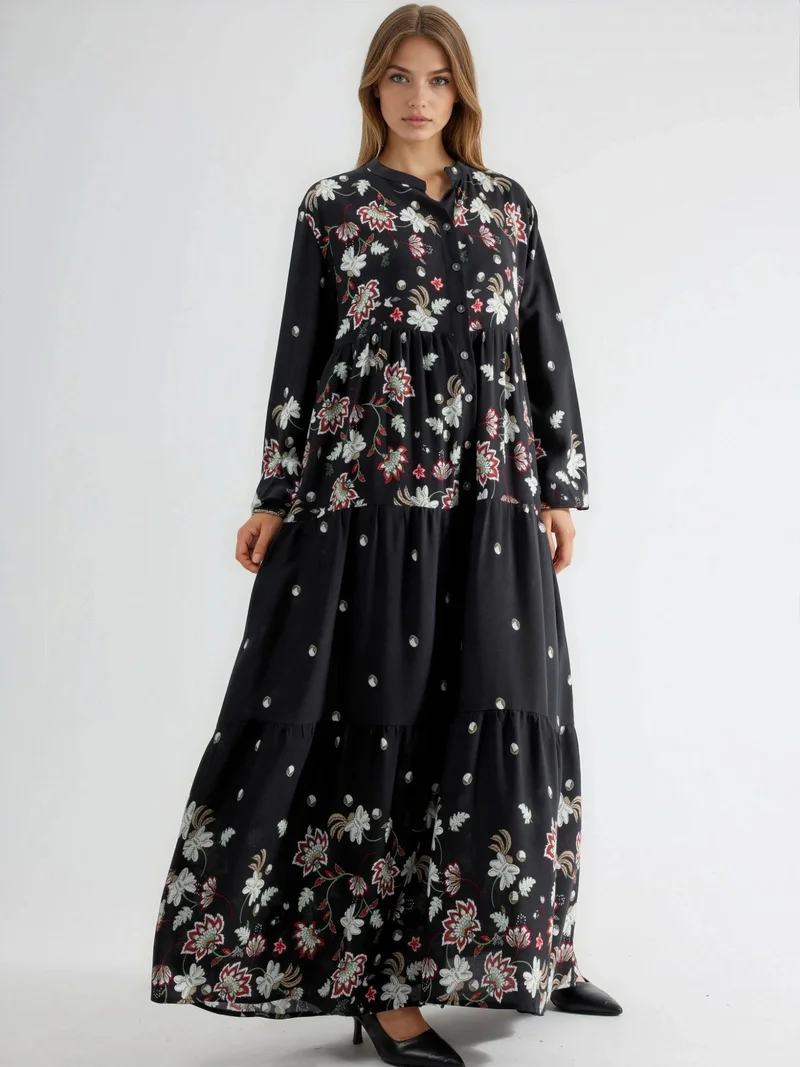 Hiccup Black Patterned V-Neck Maxi Dress for Women | Best Price UAE