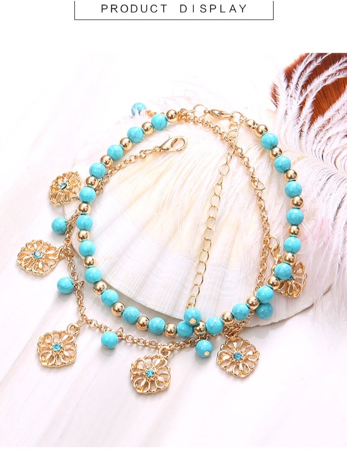 Generic Women's Girls Anklets Turquoise Hollow Flower Beach Foot Beads Chain Retro Women's Anklet  - Image 3