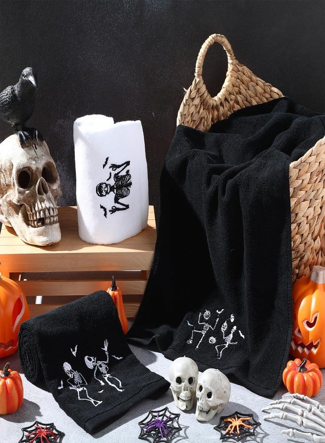 اودين مجموعة مناشف اليد القطنية للهالوين من أودين، 3 قطع، مطرزة برسومات جماجم الأشباح وهياكل عظمية لتزيين المطبخ، طبق شاي على شكل عنكبوت، منشفة للأصابع للطاولة (جمجمة، أسود) - Image 4