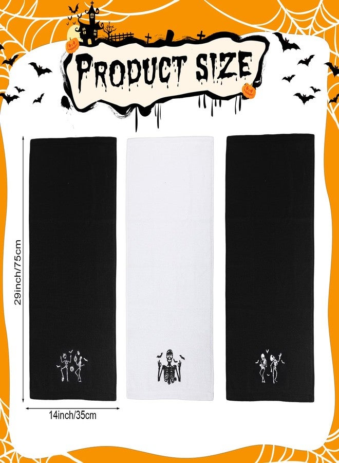اودين مجموعة مناشف اليد القطنية للهالوين من أودين، 3 قطع، مطرزة برسومات جماجم الأشباح وهياكل عظمية لتزيين المطبخ، طبق شاي على شكل عنكبوت، منشفة للأصابع للطاولة (جمجمة، أسود) - Image 2