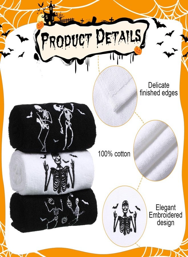 اودين مجموعة مناشف اليد القطنية للهالوين من أودين، 3 قطع، مطرزة برسومات جماجم الأشباح وهياكل عظمية لتزيين المطبخ، طبق شاي على شكل عنكبوت، منشفة للأصابع للطاولة (جمجمة، أسود) - Image 3