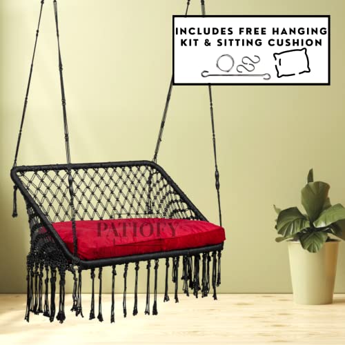 Patiofy Polyester Double Seater Swing For Balcony/Hanging Hammock Swing Chair For 2 People/Jhula For Adults/Extra Back Support Double Seater Swing/Hanging Kit&Cushion Included-Black - Image 2