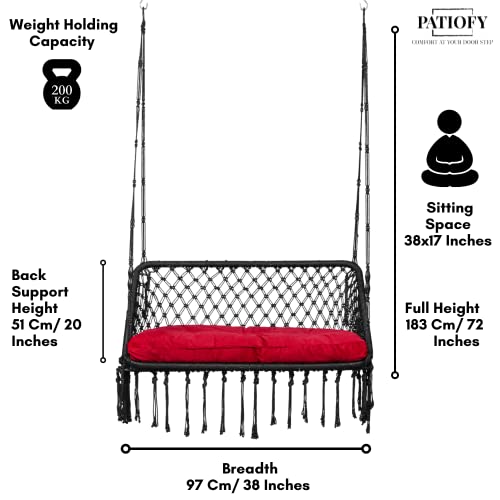 Patiofy Polyester Double Seater Swing For Balcony/Hanging Hammock Swing Chair For 2 People/Jhula For Adults/Extra Back Support Double Seater Swing/Hanging Kit&Cushion Included-Black - Image 3