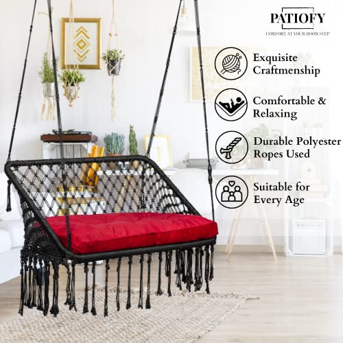 Patiofy Polyester Double Seater Swing For Balcony/Hanging Hammock Swing Chair For 2 People/Jhula For Adults/Extra Back Support Double Seater Swing/Hanging Kit&Cushion Included-Black - Image 4