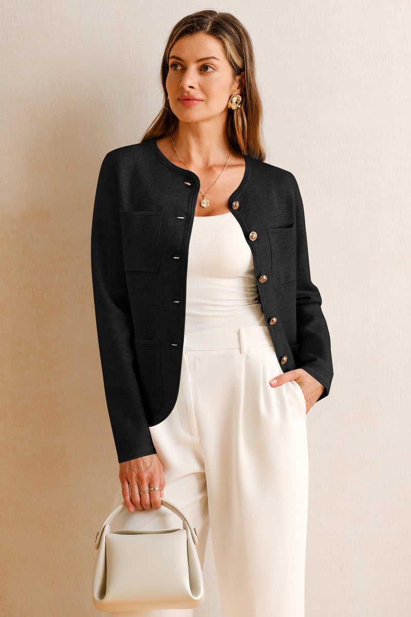 Arach&Cloz 2026 Fashion Sweater Blazers for Womens Long Sleeves Collarless Button Down Wool Cashmere Dressy Work Business Casual Clothes Spring Winter Trendy Cardigan Pockets Black XL - Image 2