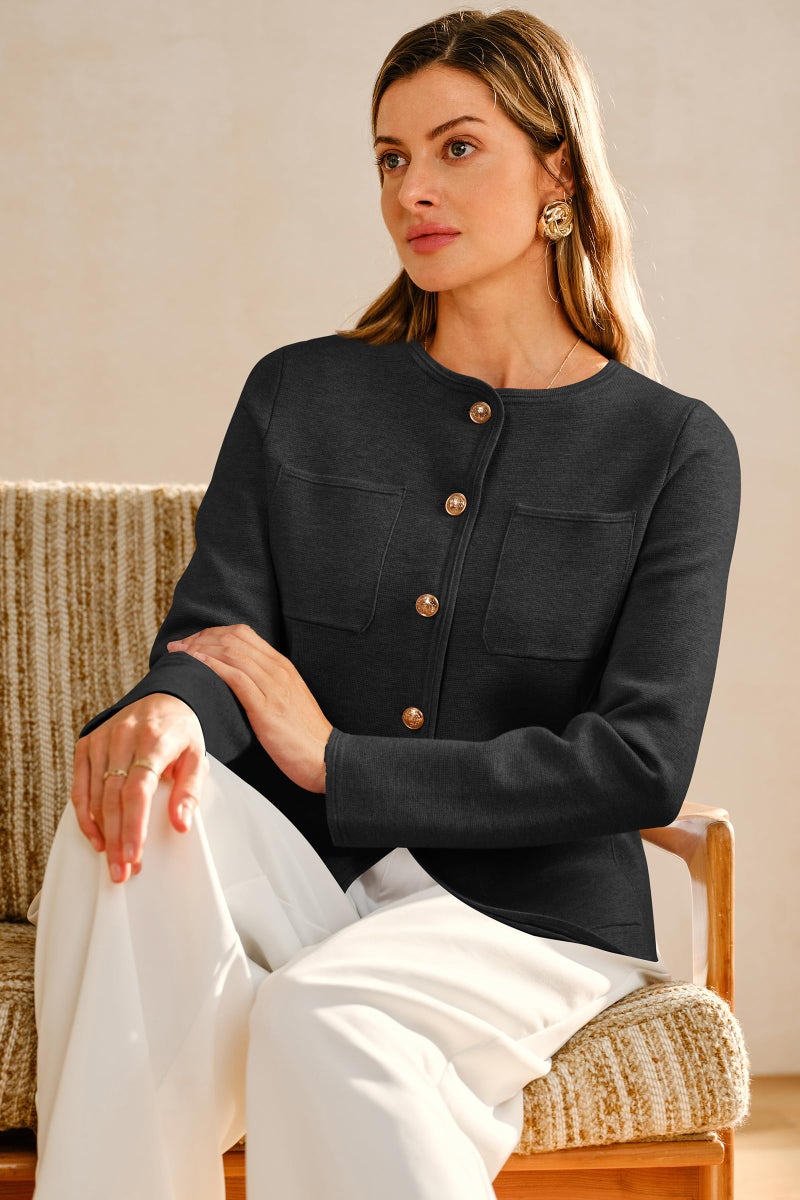 Arach&Cloz 2026 Fashion Sweater Blazers for Womens Long Sleeves Collarless Button Down Wool Cashmere Dressy Work Business Casual Clothes Spring Winter Trendy Cardigan Pockets Black XL - Image 5