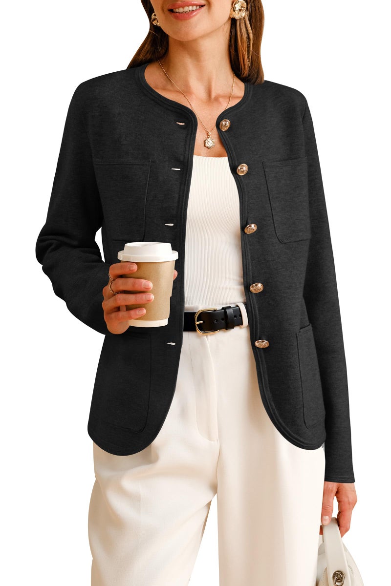 Arach&Cloz 2026 Fashion Sweater Blazers for Womens Long Sleeves Collarless Button Down Wool Cashmere Dressy Work Business Casual Clothes Spring Winter Trendy Cardigan Pockets Black XL - Image 1