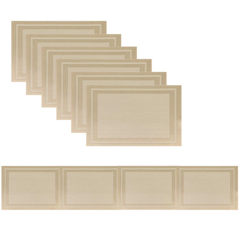 Placemats with Table Runner Set Place Mats Woven Crossweave Vinyl Kitchen Tablemat Washable PVC Vinyl Table Mats for Dining Table Parties Farmhouse Thanksgiving Christmas  Gathering Gold