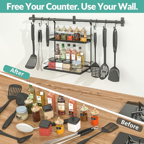 NADAMOO Spice Rack Wall Mount 2Tier Storage Shelf with Towel Bar Utensil Hanger with Hooks for Kitchen Bathroom Pantry Laundry Matte Black Heavy Duty Metal Organizer - Image 3