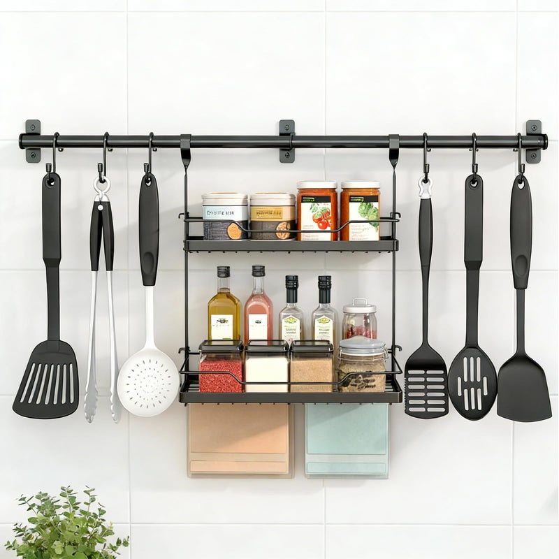 NADAMOO Spice Rack Wall Mount 2Tier Storage Shelf with Towel Bar Utensil Hanger with Hooks for Kitchen Bathroom Pantry Laundry Matte Black Heavy Duty Metal Organizer - Image 2