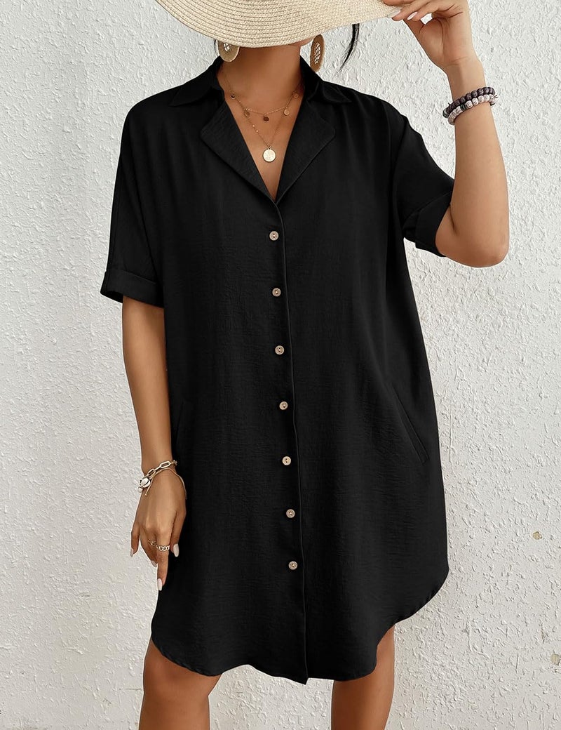 Bsubseach Button Down Beach Cover Ups for Women Bikini Swimsuit Coverup Shirt Dress Casual Vacation Outfits Black M - Image 5