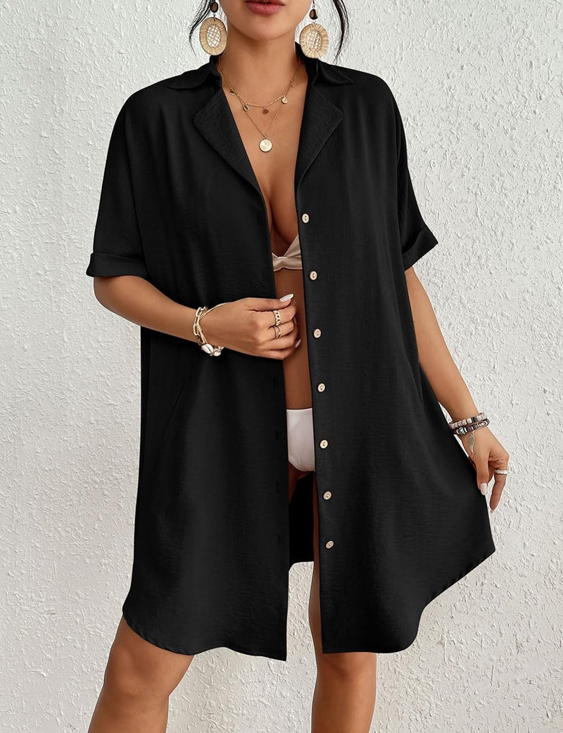 Bsubseach Button Down Beach Cover Ups for Women Bikini Swimsuit Coverup Shirt Dress Casual Vacation Outfits Black M - Image 3