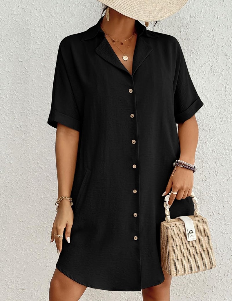 Bsubseach Button Down Beach Cover Ups for Women Bikini Swimsuit Coverup Shirt Dress Casual Vacation Outfits Black M - Image 2