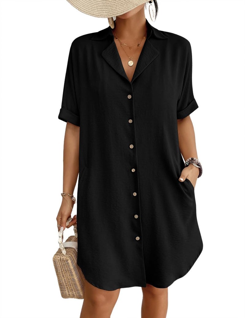 Bsubseach Button Down Beach Cover Ups for Women Bikini Swimsuit Coverup Shirt Dress Casual Vacation Outfits Black M - Image 1