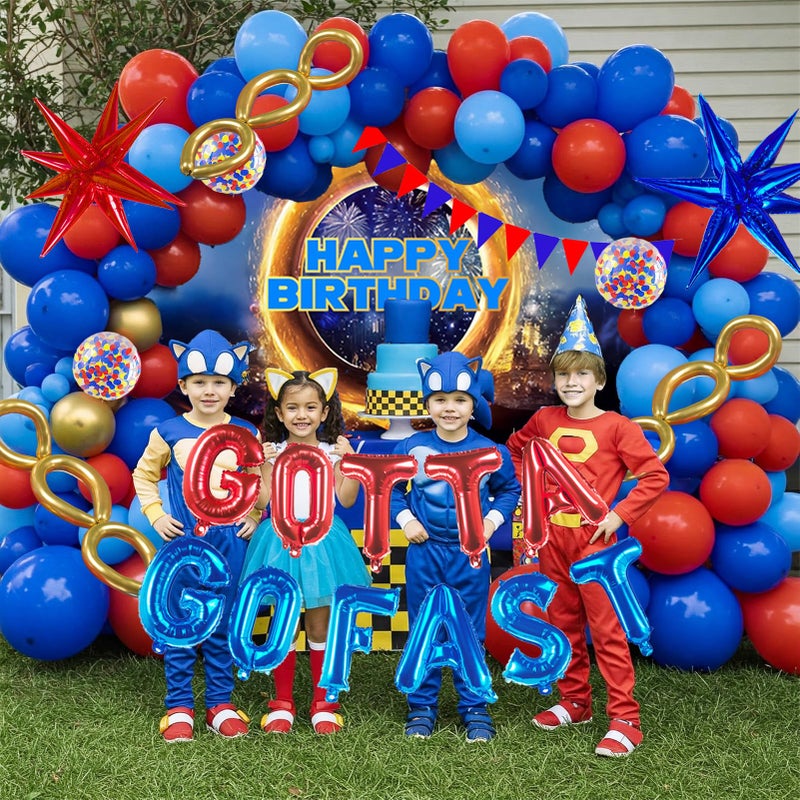 yeewaka Red Blue Gold Hedgehog Birthday Party Decorations with Letter Lightning foil balloons Banner background backdrop for kid video game Cartoon Movies Super hero themed birthday gamer party decor - Image 3
