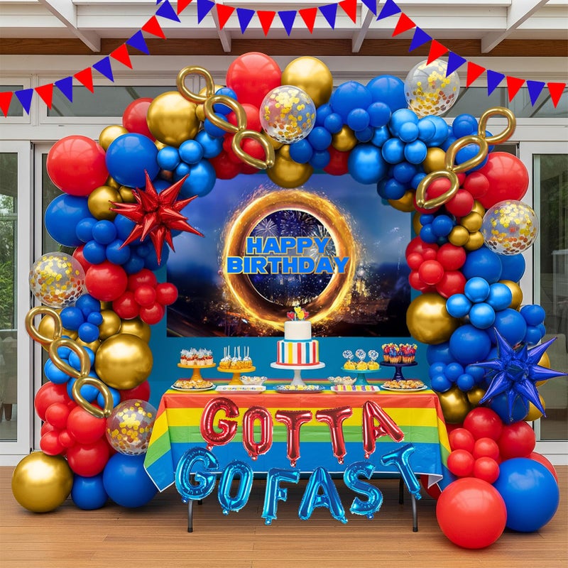 yeewaka Red Blue Gold Hedgehog Birthday Party Decorations with Letter Lightning foil balloons Banner background backdrop for kid video game Cartoon Movies Super hero themed birthday gamer party decor - Image 2