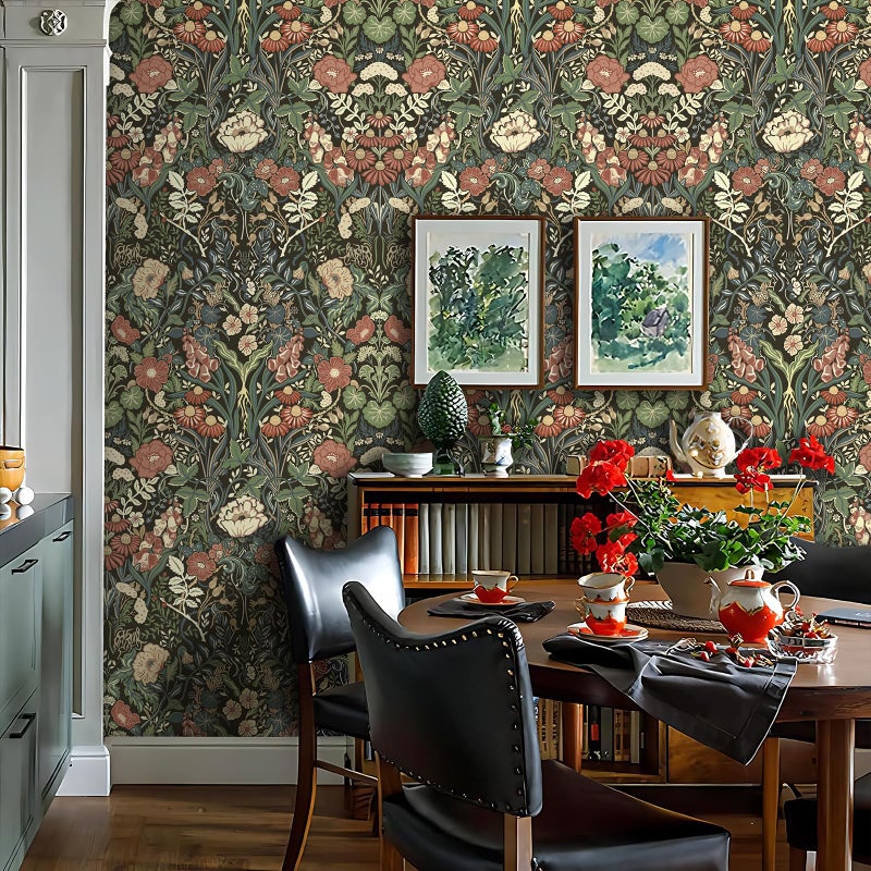 Vintique Vintage Wallpaper Peel and Stick Floral Wall Paper Removable Waterproof Green/Black/Yellow Contact Paper for Bedroom, Bathroom, Home Wall 17.3" x 118" - Image 3
