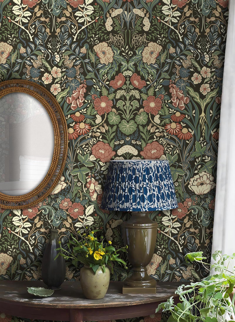 Vintique Vintage Wallpaper Peel and Stick Floral Wall Paper Removable Waterproof Green/Black/Yellow Contact Paper for Bedroom, Bathroom, Home Wall 17.3" x 118" - Image 4