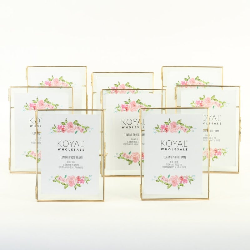 Koyal Wholesale Koyal Wholesale Pressed Glass Floating Photo Frames 8Pack with Stands for Horizontal or Vertical Pictures Table Numbers Place Cards Gold 6 x 8