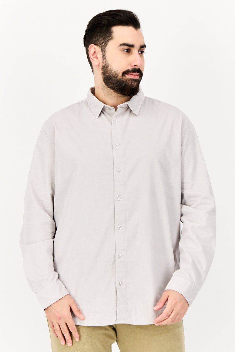 Celio قميص كوردروي بأكمام طويلة بتصميم عادي للرجال، رمادي فاتح - Image 1