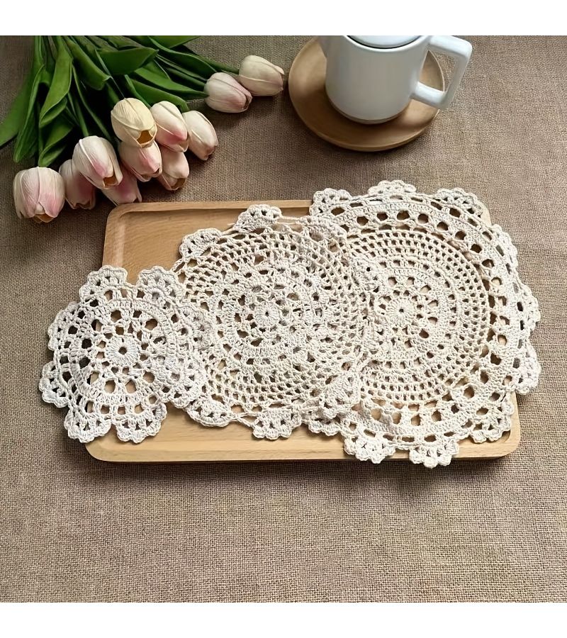 White Handmade Crochet Lace Table Mat 9.84inch Washable Reusable Home Decor - Image 1