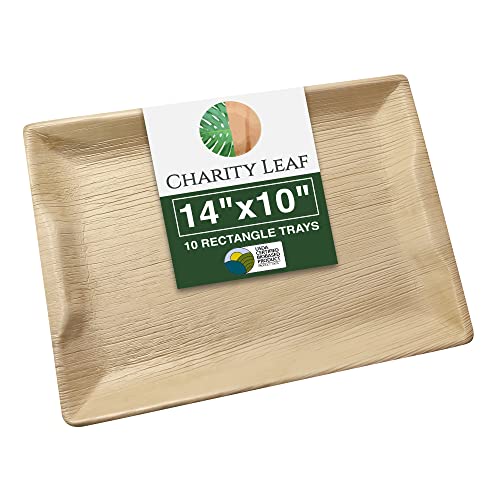 Charity Leaf Disposable Palm Leaf 14" x 10" Trays (10 pieces) Bamboo Like Serving Platters, Disposable Boards, Eco-Friendly Dinnerware For Weddings, Catering, Events - Image 1