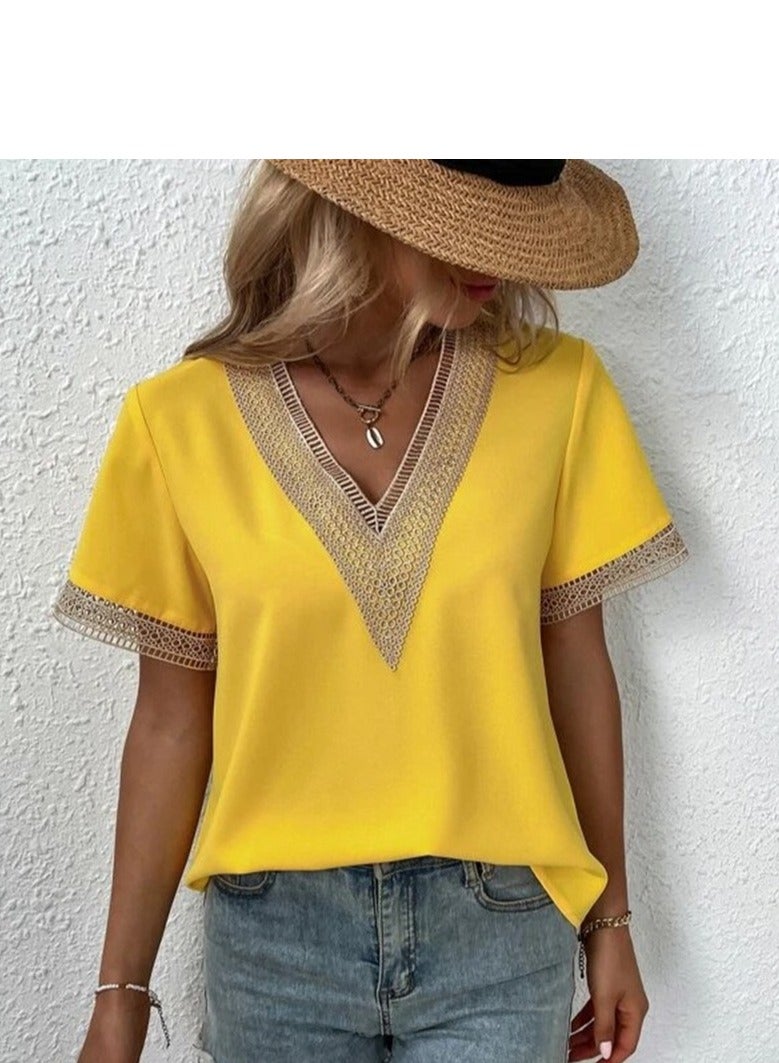 Shougu Short Sleeved V-neck Casual Ssolid Color Shirt For Women  - Image 1