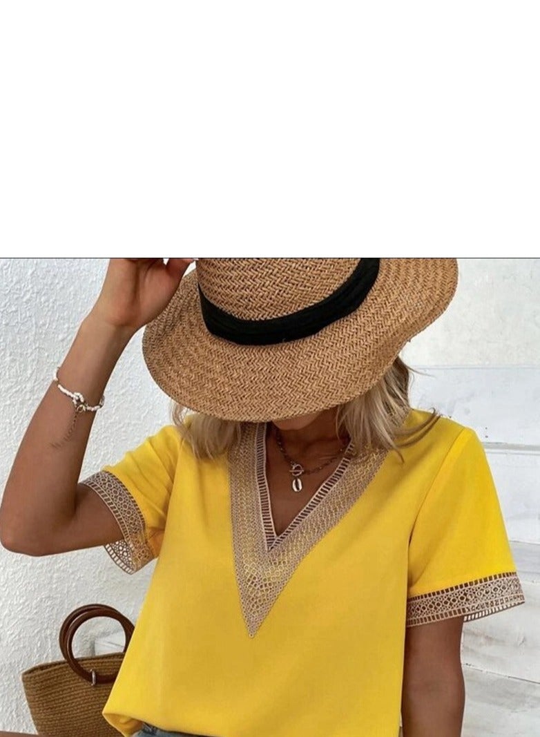 Shougu Short Sleeved V-neck Casual Ssolid Color Shirt For Women  - Image 2