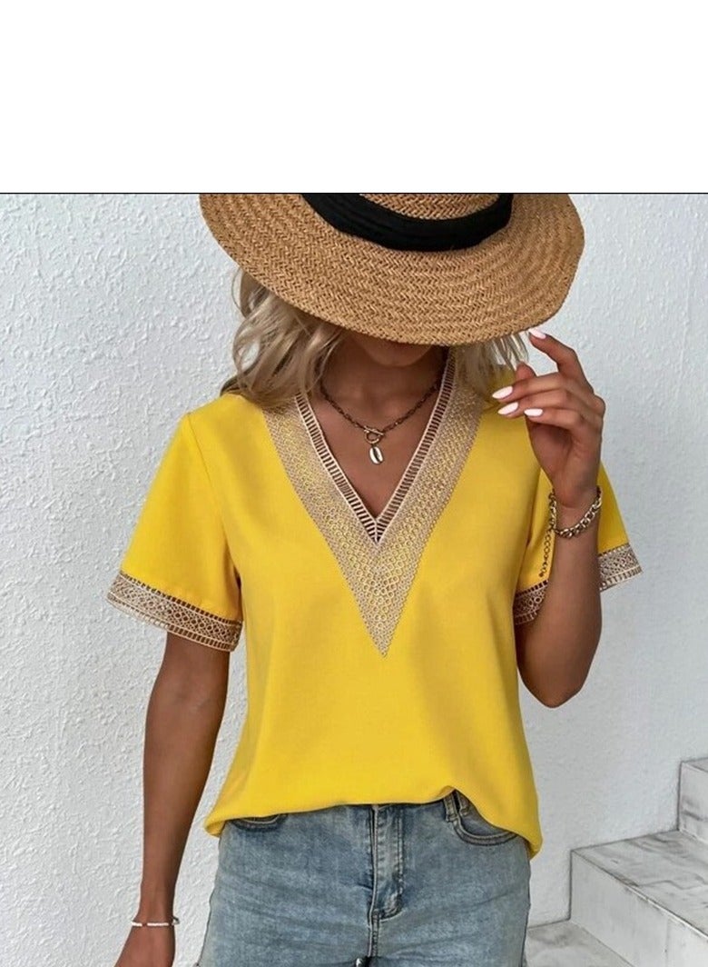 Shougu Short Sleeved V-neck Casual Ssolid Color Shirt For Women  - Image 3