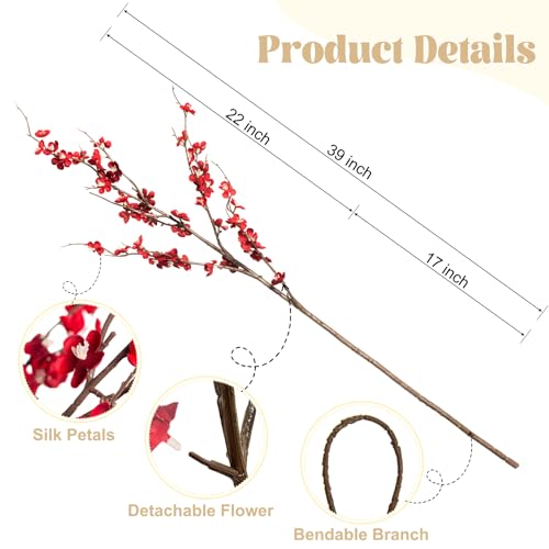 Ammyoo 4Pcs Cherry Blossom Branches Artificial Flowers for Spring Summer Indoor Decoration,Faux Long Stem Artificial Flowers for Wedding Home Office Bedroom Party Table Centerpieces Decor(Red) - Image 4