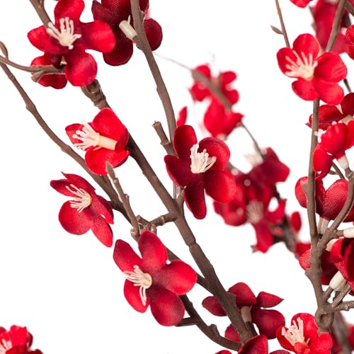 Ammyoo 4Pcs Cherry Blossom Branches Artificial Flowers for Spring Summer Indoor Decoration,Faux Long Stem Artificial Flowers for Wedding Home Office Bedroom Party Table Centerpieces Decor(Red) - Image 3
