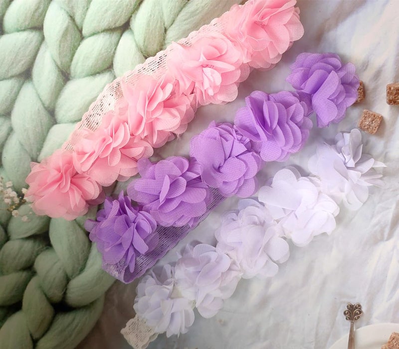 Jilukibo Baby Elastic Lace Bows Flower Headbands Stretch Gold Princess Floral Hair Band Headwear for Infant Girls Toddler Hair Accessories 3 Pack White Pink Purple - Image 5