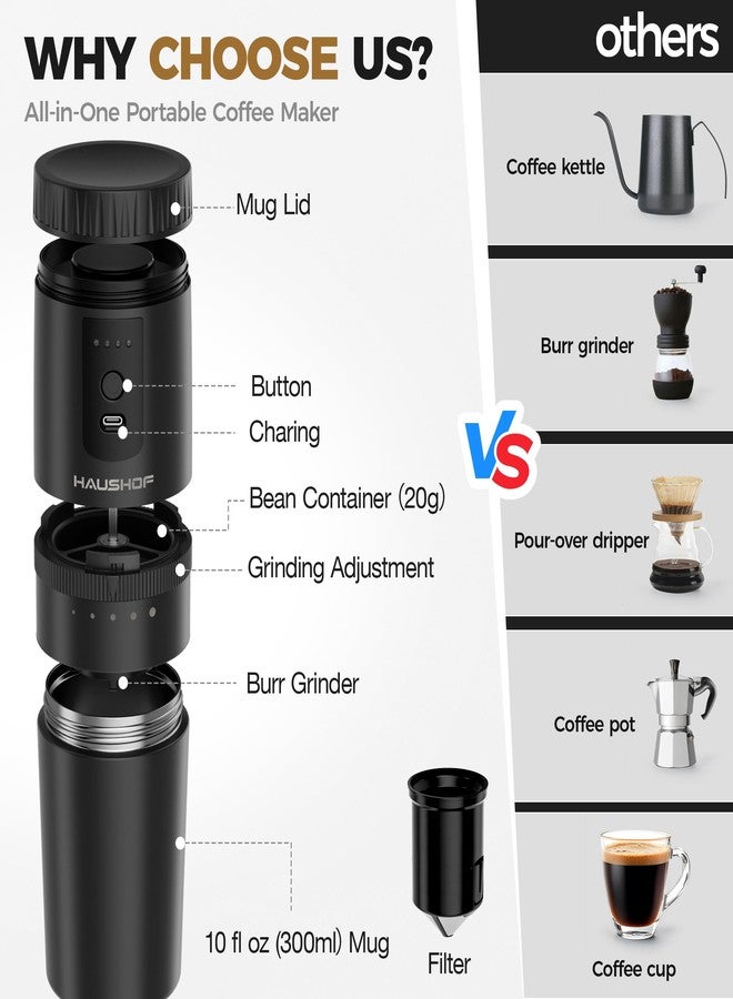 HAUSHOF Portable Coffee Grinder, Camping Coffee Makers, Portable Burr Coffee Grinder and Brewing Kit, Rechargeable, Personal Cordless Coffee Maker for Car, Camping, for Home Use - Image 2