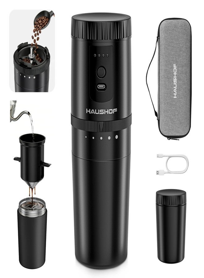 HAUSHOF Portable Coffee Grinder, Camping Coffee Makers, Portable Burr Coffee Grinder and Brewing Kit, Rechargeable, Personal Cordless Coffee Maker for Car, Camping, for Home Use - Image 1