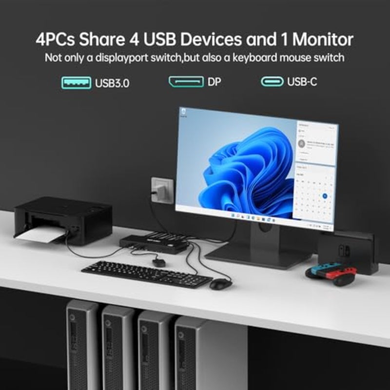 8K Displayport KVM Switch 4 in 1 Out DP1.4 with 4 USB 3.0 Ports, Support 8K@60Hz 4K@144Hz Share 1 Monitor Keyboard Mouse U-Disk Printer, with 4 USB A to C Cables - Image 4