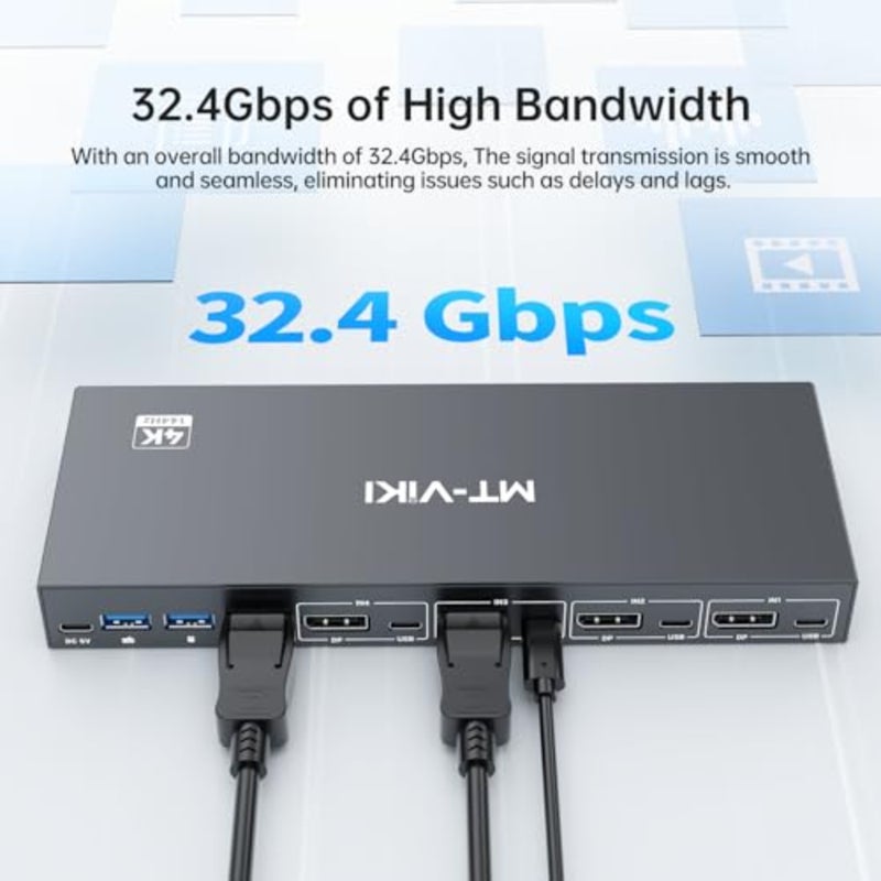 8K Displayport KVM Switch 4 in 1 Out DP1.4 with 4 USB 3.0 Ports, Support 8K@60Hz 4K@144Hz Share 1 Monitor Keyboard Mouse U-Disk Printer, with 4 USB A to C Cables - Image 5