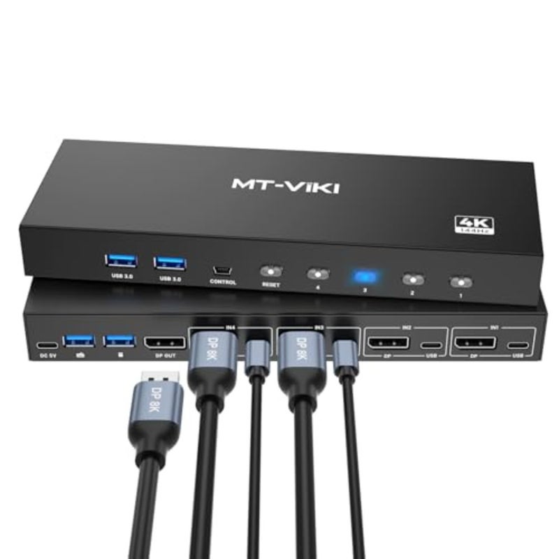 8K Displayport KVM Switch 4 in 1 Out DP1.4 with 4 USB 3.0 Ports, Support 8K@60Hz 4K@144Hz Share 1 Monitor Keyboard Mouse U-Disk Printer, with 4 USB A to C Cables - Image 1