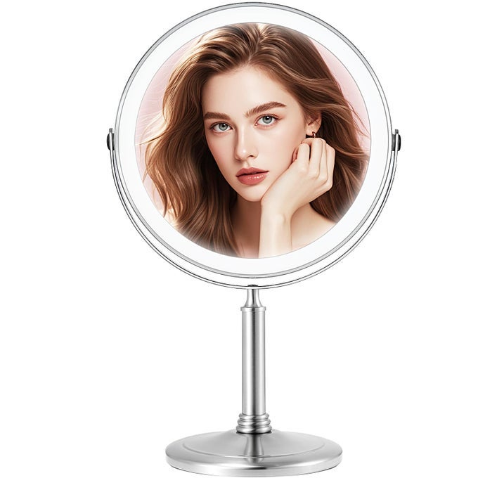 4000MAH LARGE RECHARGEABLE LIGHTED MAKEUP MIRROR NICKEL 2SIDED 1X10X HD UNDISTORTED 8 MAGNIFYING MIRROR WITH 3 COLOR LIGHTS DIMMABLE 360 SWIVEL SEAMLESS CORDLESS TRAVEL VANITY MIRROR DETACHABLE