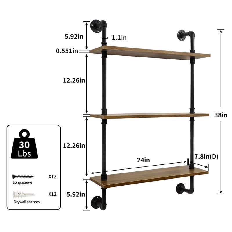 XWNE 3-Tier Industrial Pipe Floating Shelf â€“ Rustic 24 inch Wood Wall-Mounted Storage Shelf for Kitchen Office,Bathroom & Home Decor -Walnut - Image 3