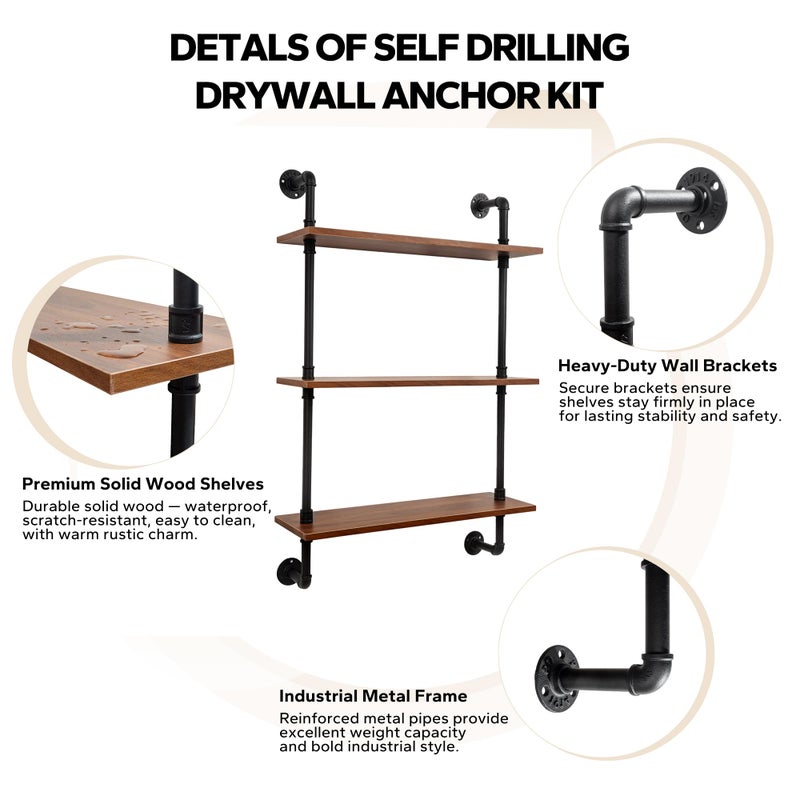 XWNE 3-Tier Industrial Pipe Floating Shelf â€“ Rustic 24 inch Wood Wall-Mounted Storage Shelf for Kitchen Office,Bathroom & Home Decor -Walnut - Image 5