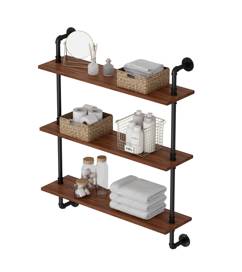 XWNE 3-Tier Industrial Pipe Floating Shelf â€“ Rustic 24 inch Wood Wall-Mounted Storage Shelf for Kitchen Office,Bathroom & Home Decor -Walnut - Image 1