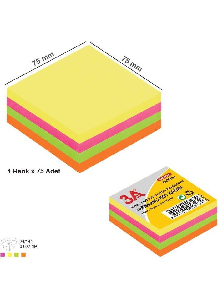 3A Ark 1321 Neon Sticky Note Paper 76X76 4 R. 