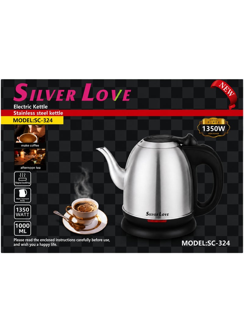 Silver Love SC-324 Electric Gooseneck Kettle, 1.0L, 1350W, Stainless Steel, Silver/Black - Image 2