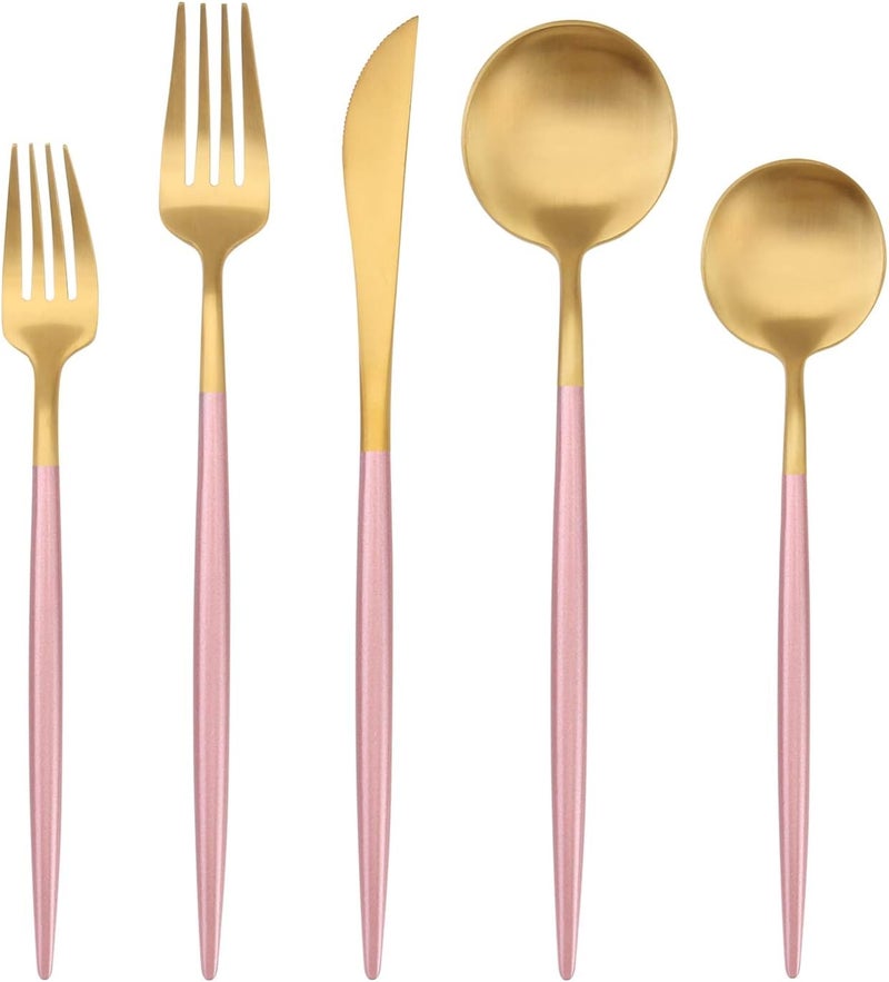 Bysta 5Piece Stainless Steel Flatware Set Matte Gold Silverware Set with pink handle Kitchen Utensil Set Service for 1 Tableware Cutlery Set for Home and Restaurant Dishwasher Safe - Image 1
