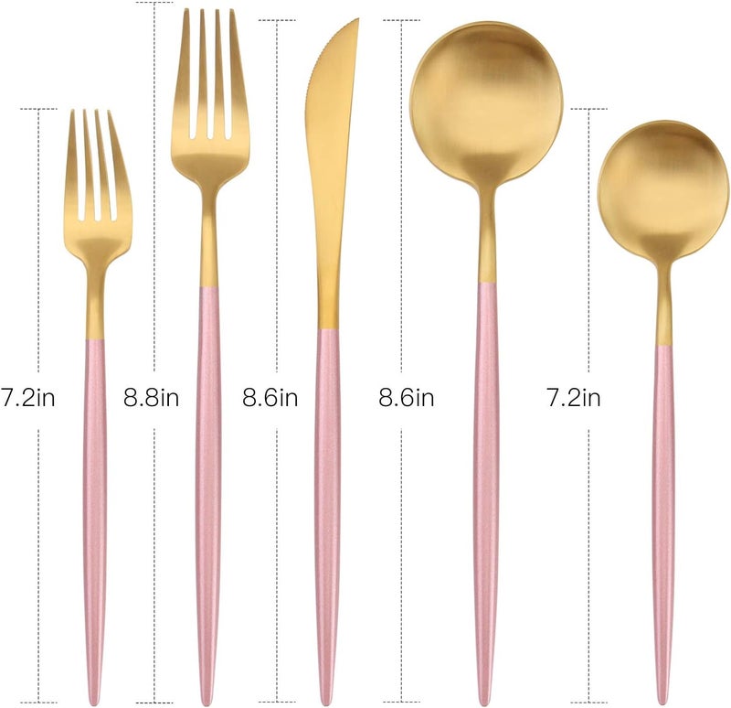 Bysta 5Piece Stainless Steel Flatware Set Matte Gold Silverware Set with pink handle Kitchen Utensil Set Service for 1 Tableware Cutlery Set for Home and Restaurant Dishwasher Safe - Image 2