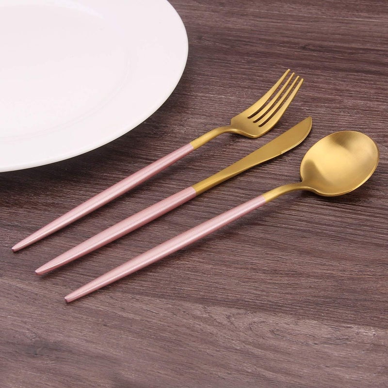 Bysta 5Piece Stainless Steel Flatware Set Matte Gold Silverware Set with pink handle Kitchen Utensil Set Service for 1 Tableware Cutlery Set for Home and Restaurant Dishwasher Safe - Image 5