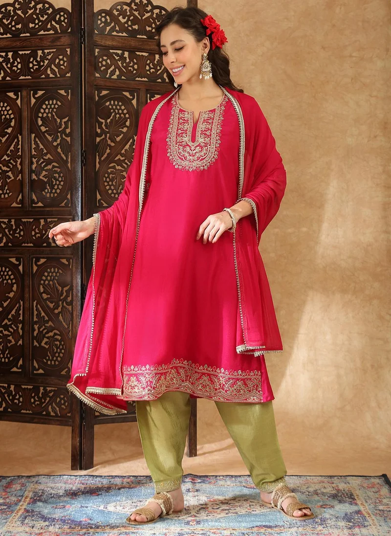 globus Globus Women Pink Round Neck Floral Zari Embroidered Yoke A-Line Kurta with Trousers & Taping Dupatta Festive Set